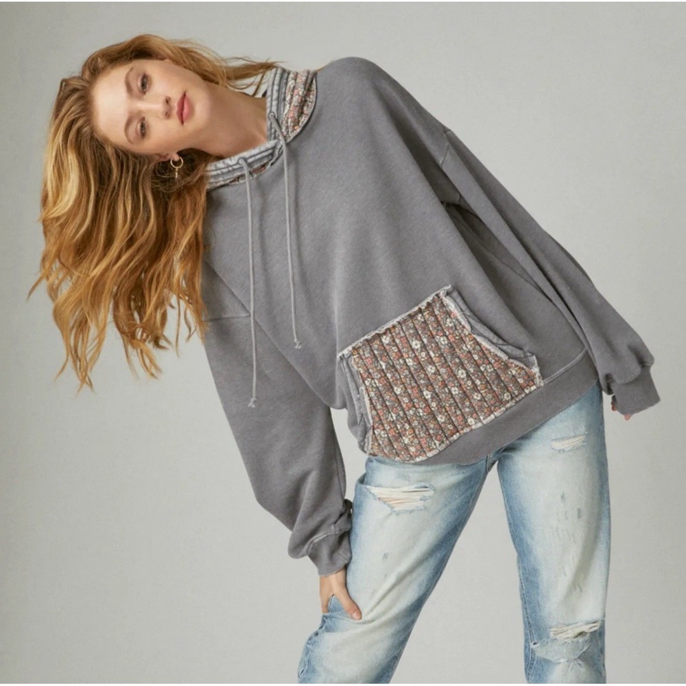Lucky Brand Quilted Patchwork Hoodie Gray Floral Size Small NWT